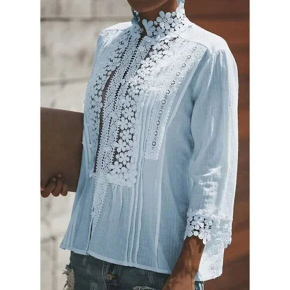 Boho Pastel Blue Crochet Lace Cut Out V-Neck 3/4 Sleeve Top Blouse - Picture 3 of 8